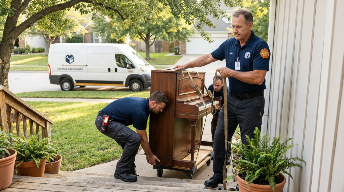 Licensed piano movers securing grand piano in York, SC