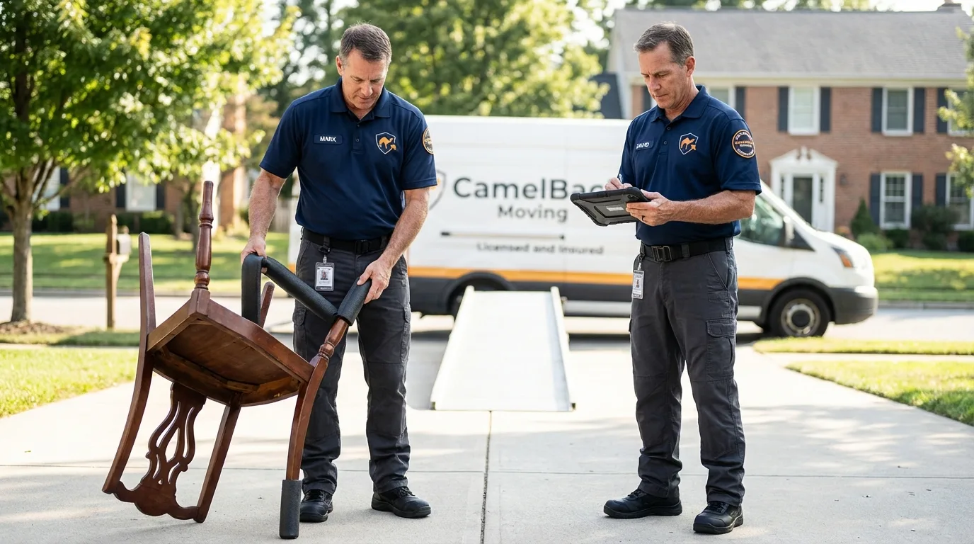 Movers inspecting furniture for damage prevention before loading in York, SC