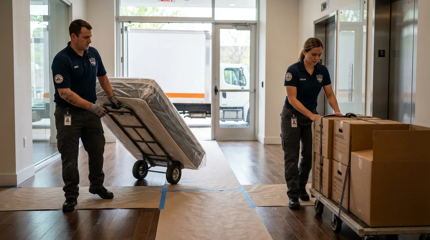 Professional apartment movers loading elevator in York, SC