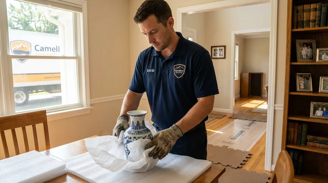 Professional crew carefully wrapping antique vase for senior downsizing move in York, SC